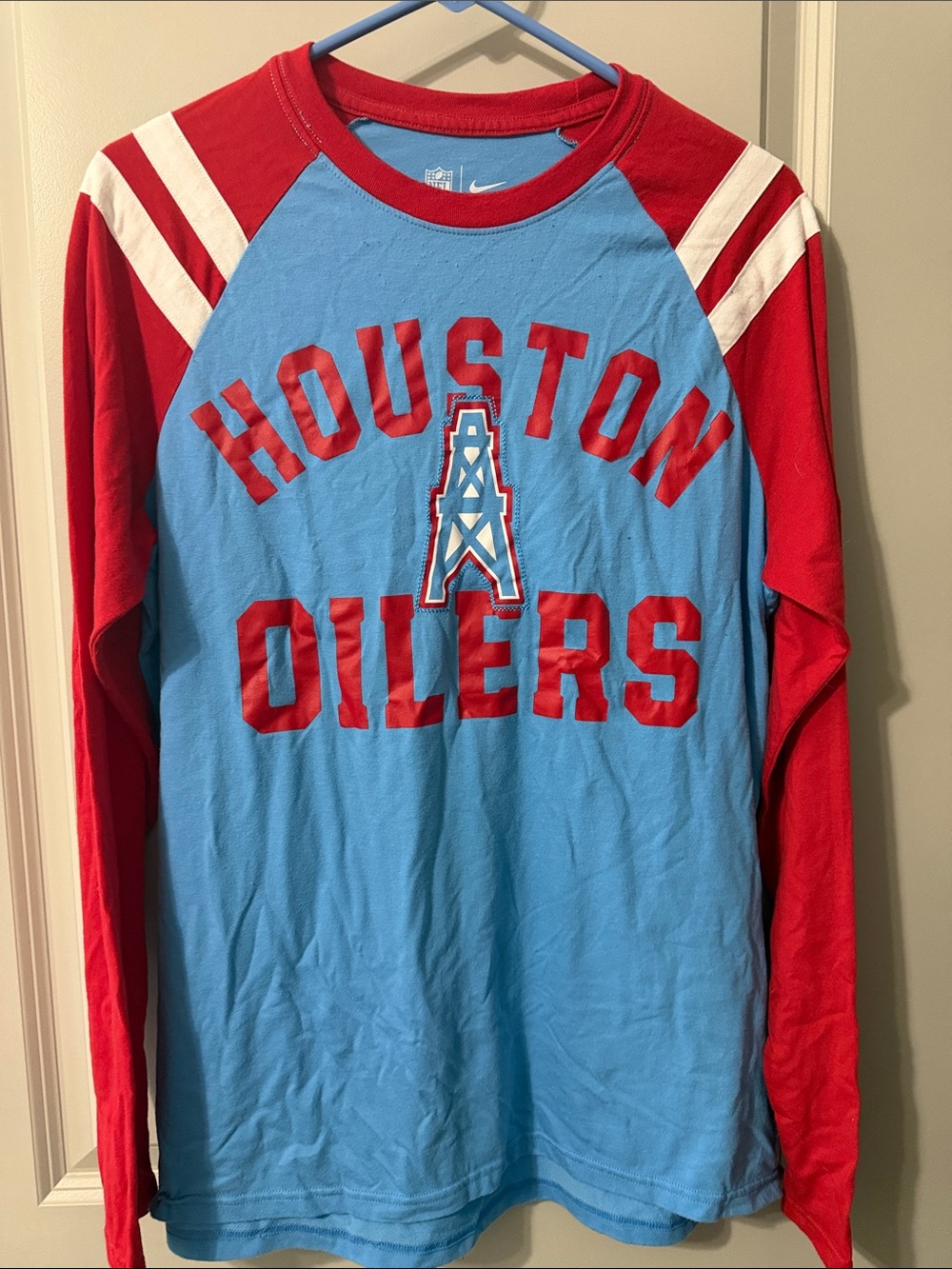 Nike Women's Houston Oilers Light Blue and Red Long Sleeve Tee